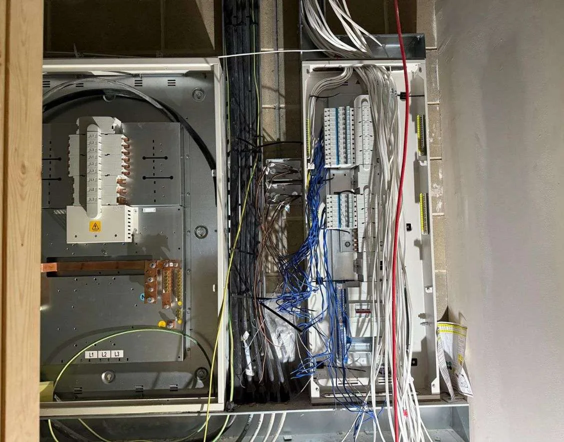 “New commercial fuse board installation during café fit-out in Greenford, West London – image shows partial wiring stage”