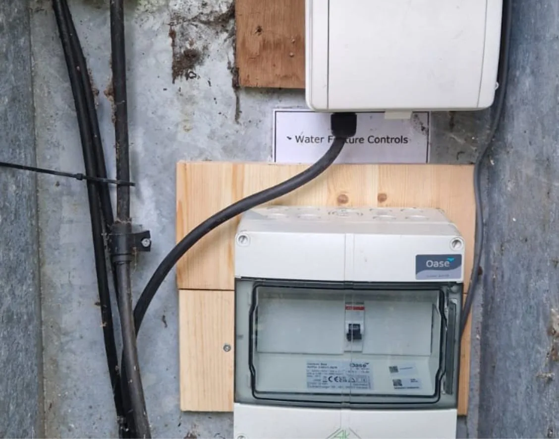 Weatherproof control panel with RCD protection and isolator for pond fountain, Blackheath SE3